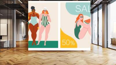 Vector abstract summer time illustration card with pin up women chilling on the beach. Summer party. Hello summer. Wall mural