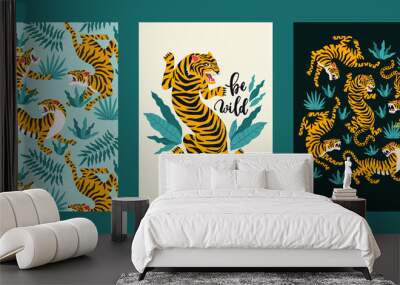 Vector poster set of tigers and tropical leaves. Trendy illustration. Wall mural