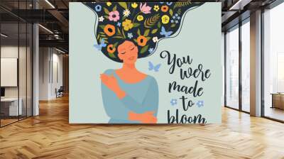 Woman with flowers in hair closed eyes and hugs herself. Vector illustration Wall mural