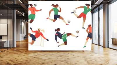 womens football soccer players cheerleaders fans set of isolated human figures with merch marks of f Wall mural