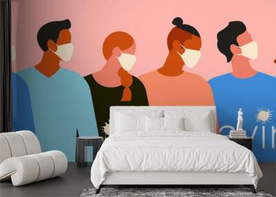 Wuhan Novel coronavirus 2019 nCoV, women and men with medical face mask. Concept of coronavirus quarantine. The virus is like blots. Vector Illustration. Wall mural