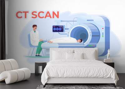 CT scan. Computed tomography scan. Doctor is carrying out CT scanning. Patient is laying on the ct device. Clinic. Medical equipment. MRI. Wall mural