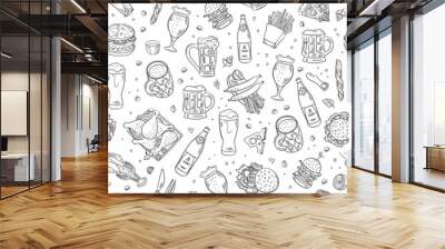 Beer and pub food vector pattern. Hand drawn doodle food Wall mural