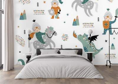 Childish seamless pattern with knight, dragon and castle. Perfect for kids design, fabric, wrapping, wallpaper, textile, apparel Wall mural