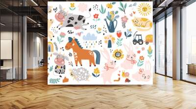 Isolated set with cute farm animals in cartoon style. Ideal kids design, for fabric, wrapping, textile, wallpaper, apparel Wall mural