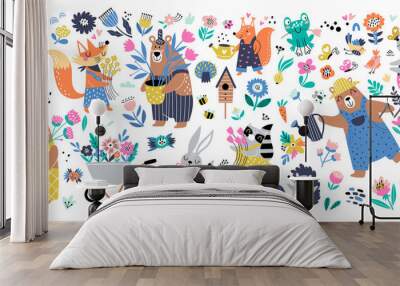 Isolated set with cute forest animals with flowers in cartoon style. Ideal kids design, for fabric, wrapping, textile, wallpaper, apparel Wall mural