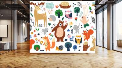 Isolated set with cute woodland forest animals in cartoon style. Ideal kids design, for fabric, wrapping, textile, wallpaper, apparel Wall mural