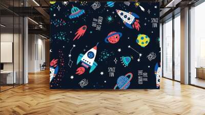 Seamless childish pattern with space elements, star.Creative nursery background. Perfect for kids design, fabric, wrapping, wallpaper, textile, apparel Wall mural