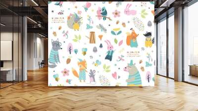 Seamless childish pattern with woodland animals. Cute wolf, bear, raccoon, fox, bunny, squirrel, hedgehog in clothes, funny characters. Creative scandinavian kids texture for fabric, wrapping, textile Wall mural