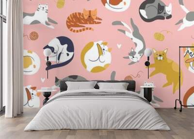 Seamless pattern with funny cats. Creative childish texture in Scandinavian style. Great for fabric, textile Vector Illustration Wall mural