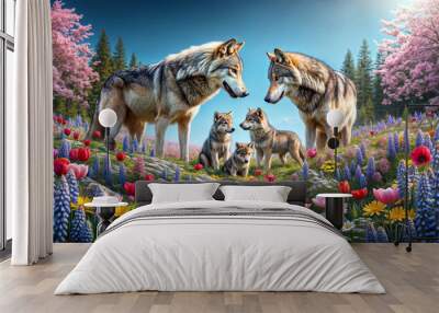 Heartwarming scene of a wolf family with pups in a spring meadow blooming with flowers, showcasing their playful interaction, growth, and unity under a clear sky.  Wall mural