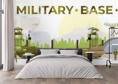 Military base including soldiers, helicopters, tanks, tents, storage buildings, trucks. Army training. Military uniform. Flat vector illustration. Wall mural