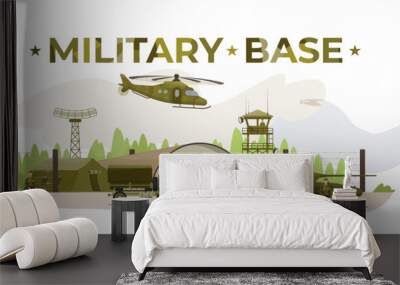 Military base with soldiers, helicopters, tanks, tents, storage buildings, trucks. Army training. Fighters. Military neutral uniform. Flat vector illustration. Wall mural