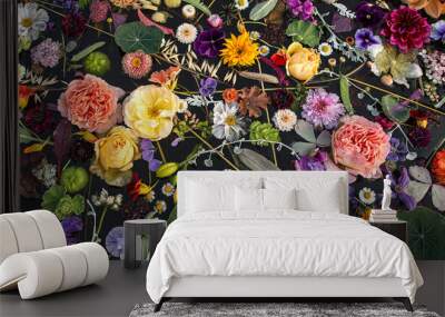 Multicolored flowers on the water surface ,floral banner ,top view . Wall mural