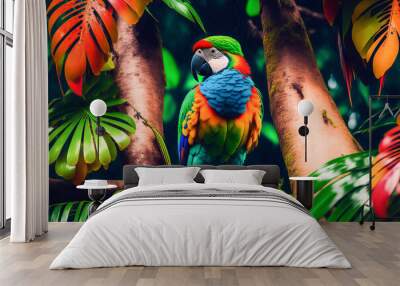 Beautiful colorful parrot resting on a rainy day in the Amazon jungle. Exotic Parrot perched on a trunk in the jungle, Illustration, Generative AI Wall mural