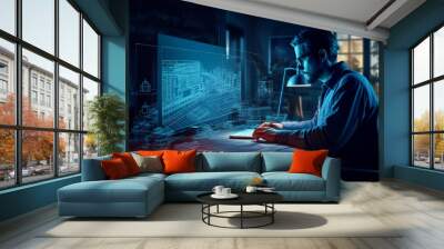 engineer works at home designing architecture plans with futuristic technology. Architect working in blueprints whit innovative technology design. Generative Ai Wall mural