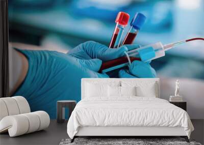 lab technician drawing blood samples using a tube holder in the clinical laboratory Wall mural