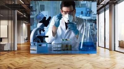 researcher working in the laboratory dropping samples of liquid reagent in a test tube / scientist with a dropper depositing samples in a tube in the research laboratory Wall mural