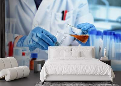 Researcher working whit fluids in flasks in the chemical laboratory. Scientist mixing chemical liquids in the chemistry lab Wall mural