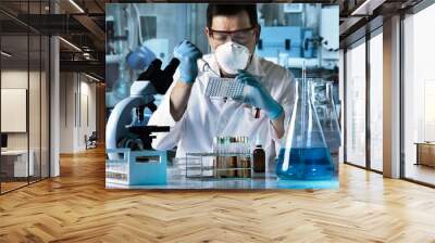 researcher working with microplate in the laboratory / scientist pipetting samples in multi-well pla Wall mural