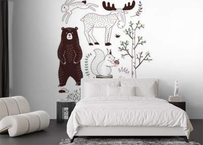 Autumn Forest themed vector illustration. Woody landscape elements Bear Hare Squirrel Moose Deer creatures t-shirt graphics. Woodland childish print in Scandinavian decorative style. Cute forest Wall mural