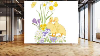 cute duckling in spring flourish garden with various easter florals and butterfly hand drawn vector  Wall mural