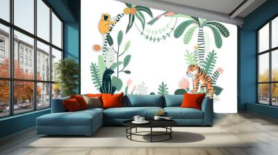 Exotic Tropical wildlife frame illustration with Tiger Panther Leopard Monkey Parrot Palm trees plants Rainforest nature inspired summer background for lettering quote writing Wall mural