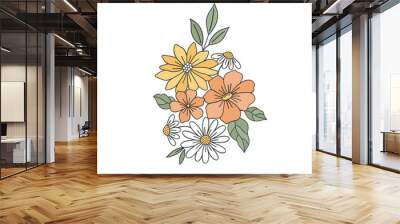 Flower arrangement Retro 70s 60s Groovy Hippie Flower Power vibes vector illustration isolated on white. Boho Summer retro colours floral bouquet print. Wall mural