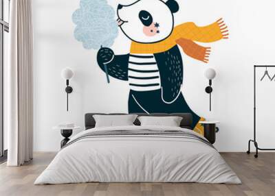 Funny happy little cartoon panda character in roller-skates dressed up in stripy top and yellow scarf eat sweet cotton. Scandinavian style childish trendy illustration isolated on white in vector Wall mural