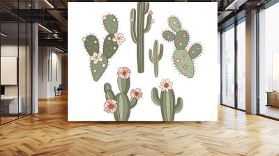 Groovy cactus with florals vector illustration set. Wild West aesthetic cacti clipart design. Wall mural