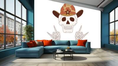 Halloween cute cowboy scull retro illustration isolated on white. Western All Saints' Day dead head clip art. Howdy cartoon cranium design element.  Wall mural