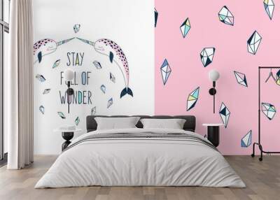 Magical childish fashion textile graphics set with t-shirt print and accompanied tileable background. Unicorn narwal coloured gemstone Stay full of wonder lettering vector illustration. Hand drawn Wall mural