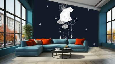 Polar bear with wings vector illustration. Cute fairytale animal sitting on sparkling clouds. Dreamy teddy on starry night isolated on dark blue background. T-shirt print, postcard design element Wall mural