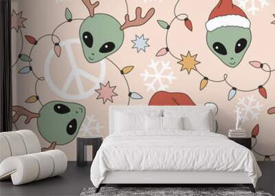 Retro 70s 60s UFO Alien Smiley Face garland peace sign vector seamless pattern. Hippie Groovy Christmas extraterrestrial Smiling icon Xmas New Year holiday season background. Wall mural