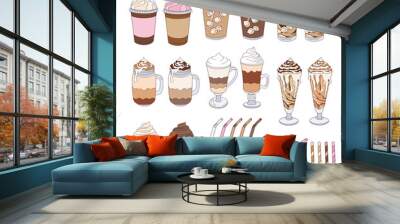 Retro caffeine drinks crema capuccino latte art iced coffee in cup and glass with straw vector illustration set isolated on white. Groovy coffee print collection. Wall mural