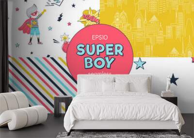 Super children cartoon seamless patterns set. Little superheroes, city, diagonal lines and colorful stars textures pack. Comic book decorative vector backgrounds. Wallpaper, wrapping paper designs Wall mural