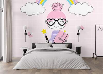 tiny cartoon happy planner girl with pink notebook and pen wearing crown shaped clip standing under  Wall mural