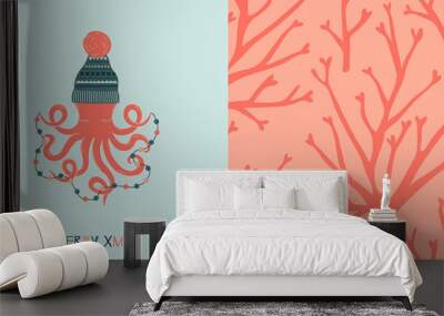 Underwater Coral Merry Christmas concept graphics set in decorative Scandinavian style. Fairy Christmas Octopus in jacquard winter hat with decorative garland vector illustration. Simple flat ocean Wall mural