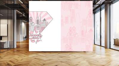 Vector childish graphic set of typographic print with Big City scape in diamond shape with super girl comic lettering and modern New York cityscape neutral seamless pattern. Graphics for girlish Wall mural