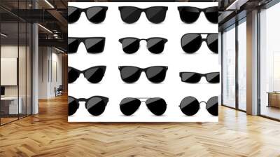 Big set of fashionable black sunglasses on white background. Black glasses isolated with shadow for your design. Vector illustration. Wall mural