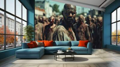 Daytime portrait of a black man on a busy street filled with a crowd of zombies. Wall mural