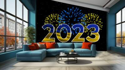 Happy New Year 2023 Ukraine. 2023 New Years background with national flag of Ukraine and fireworks. Wall mural