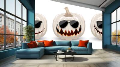 Set of Pumpkins in black sunglasses on white background. The main symbol of the holiday Happy Halloween. Hipster white pumpkins with smile for the holiday Halloween. Wall mural