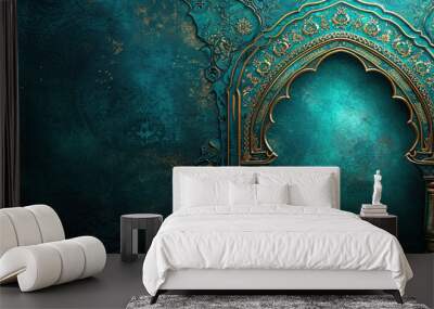 Ultra realistic background for Ramadan features a beautifully crafted turquoise and gold Islamic arch with elaborate patterns, symbolizing the holy months reverence. Wall mural