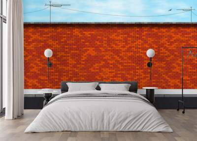 Vector illustration of deserted street on red brick wall background. Daytime urban landscape. Wall mural