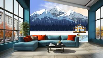 Winter landscape. A wooden house by the river with a boat. High snow-capped mountains and forest on the horizon. Vector illustration for winter holidays. Wall mural