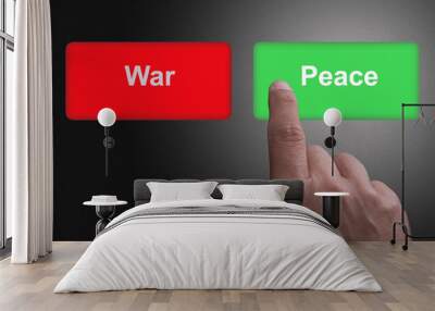 Buttons with written War and Peace and pointing finger, on a gray gradient background Wall mural