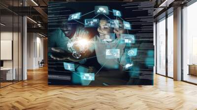 Business people, IoT and virtual hologram in team collaboration with big data, technology and night at office. Group of employee developers in digital networking, communication and fintech at work Wall mural