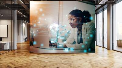 Business woman, AI and laptop with hologram, UX and networking for forex trading icon in office using virtual platform. Female using global technology for futuristic communication and innovation Wall mural