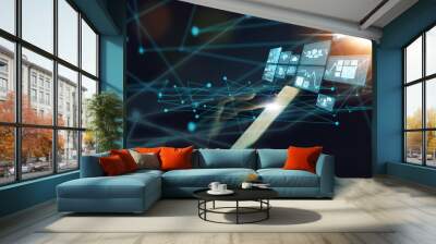 Digital overlay, futuristic 5g communication network connection and iot hologram of future mobile technology application. Worldwide web cloud computing, online ai software and design mockup of tablet Wall mural